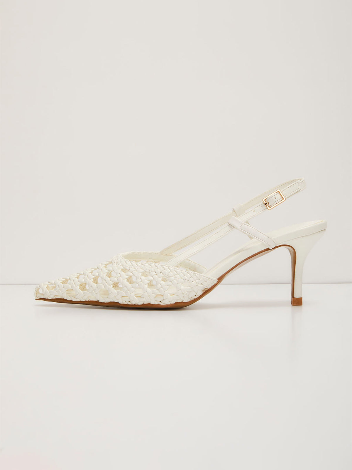 White Woven Vegan Leather Pointed-Toe Classic Slingback Pumps Kitten Heels