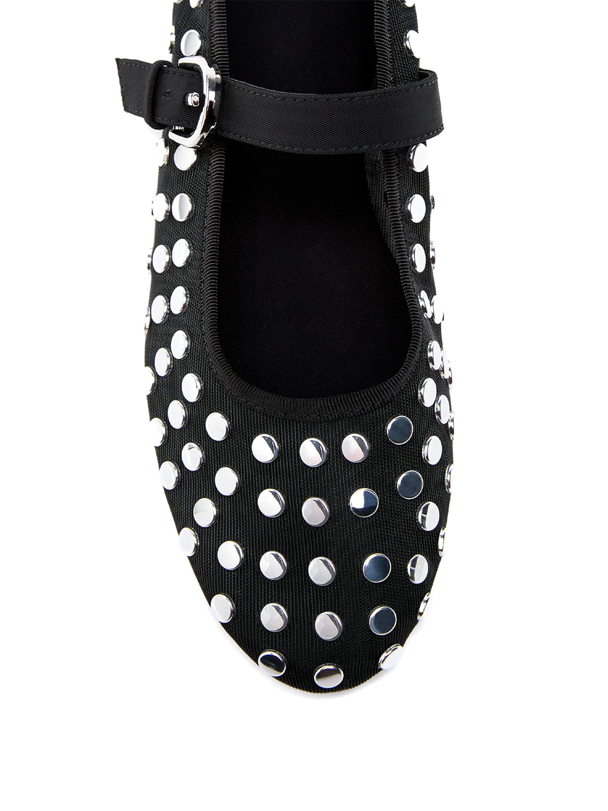 Black Mesh Round-Toe Full Studs And Buckle Mary Jane Ballet Flats