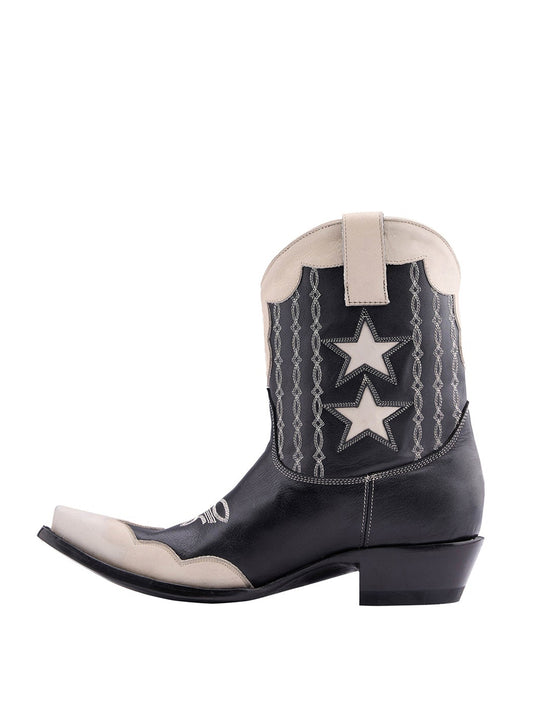 Snip-Toe Stars Inlay Chic Embroidery Ankle Cowgirl Boots - Black And Ivory
