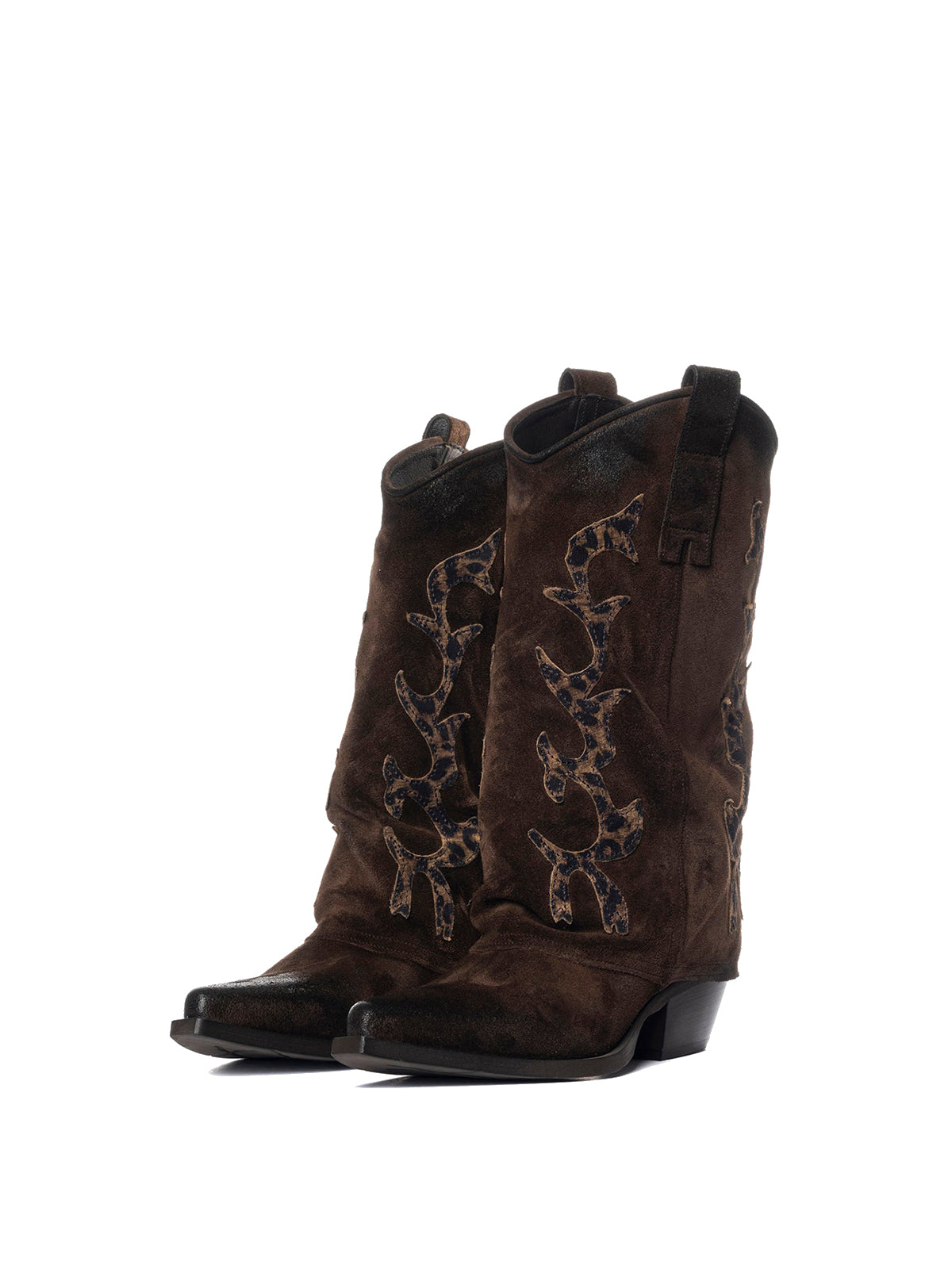 Dark Brown Faux Suede Snip-Toe Leopard Applique Fold-Over Mid Calf Cowgirl Boots