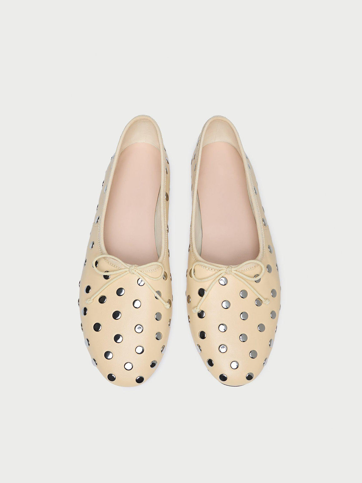 Yellow Round-Toe Front Bow Ballet Flats With Studs