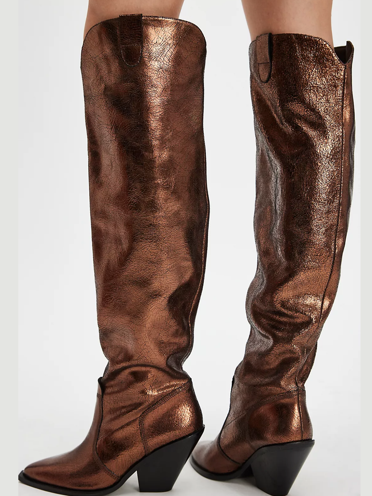 Metallic Bronze Pointed-Toe Slouchy Wide Calf Tall Knee High Western Boots