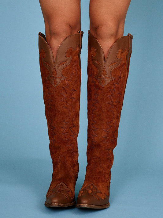 Camel Faux Suede Snip-Toe Embroidery Vegan Leather Applique Wide Calf Knee High Cowgirl Boots