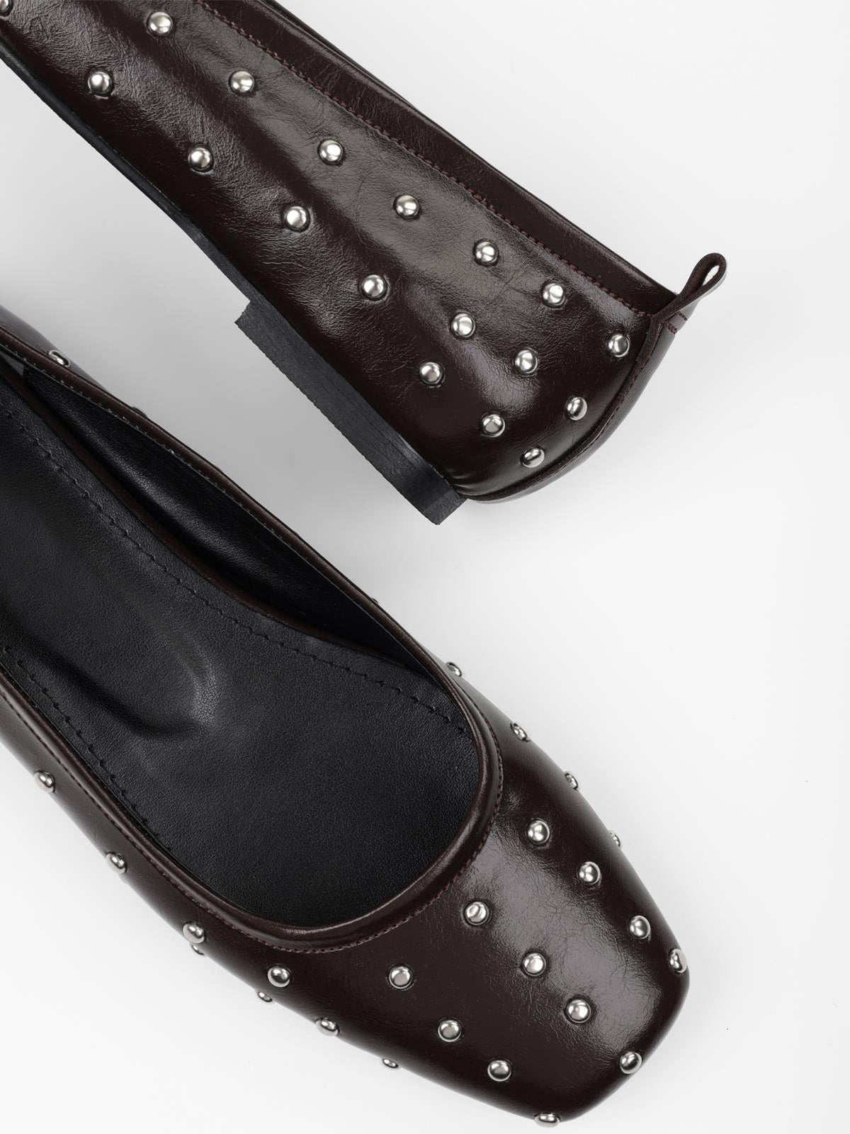 Coffee Square-Toe Tiny Studs Slip-On Flats