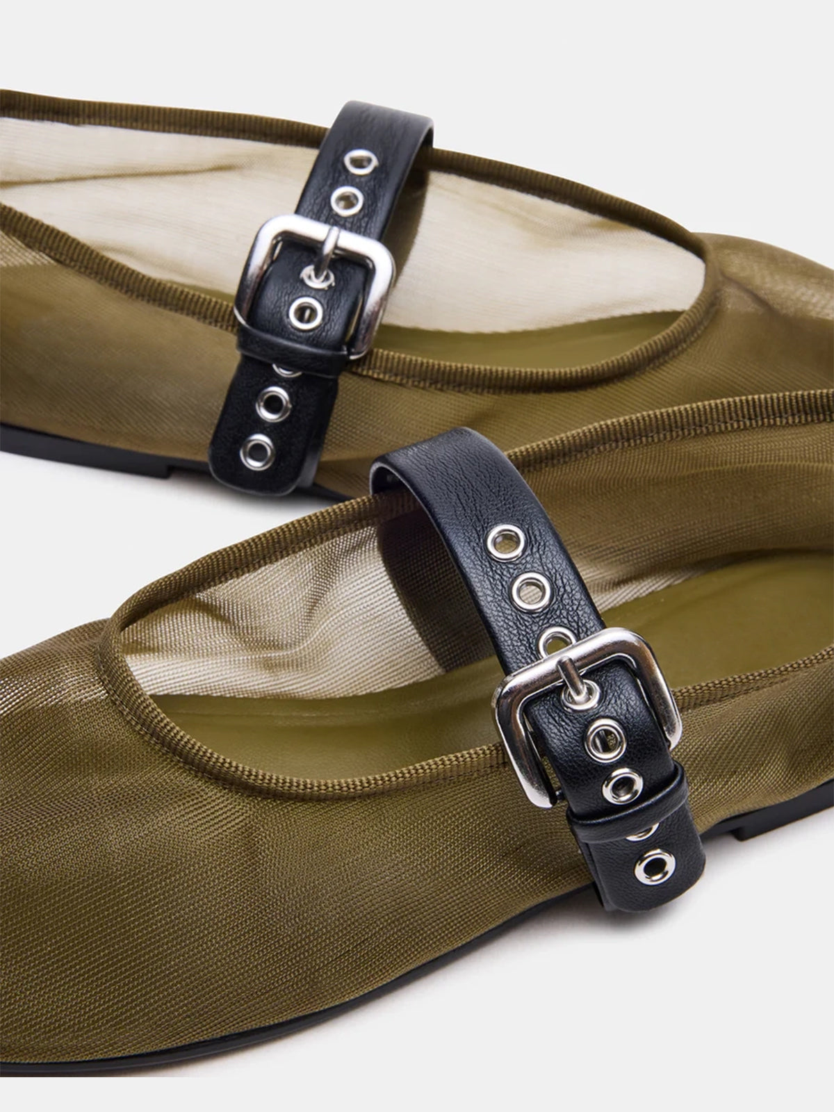 Olive Green Mesh Round-Toe Bridge Buckle Strap Ballet Flats