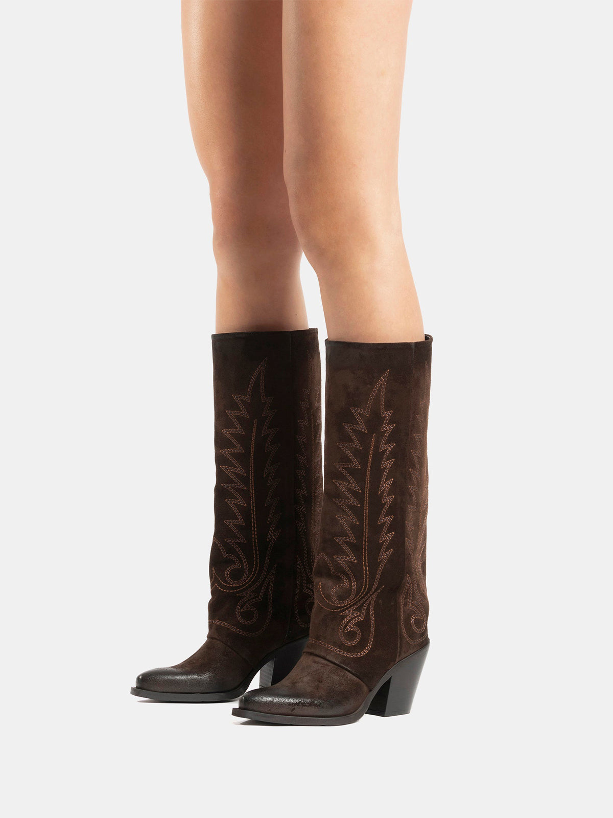 Dark Brown Snip-Toe Faux Suede Classic Embroidery Mid Calf Cowgirl Boots