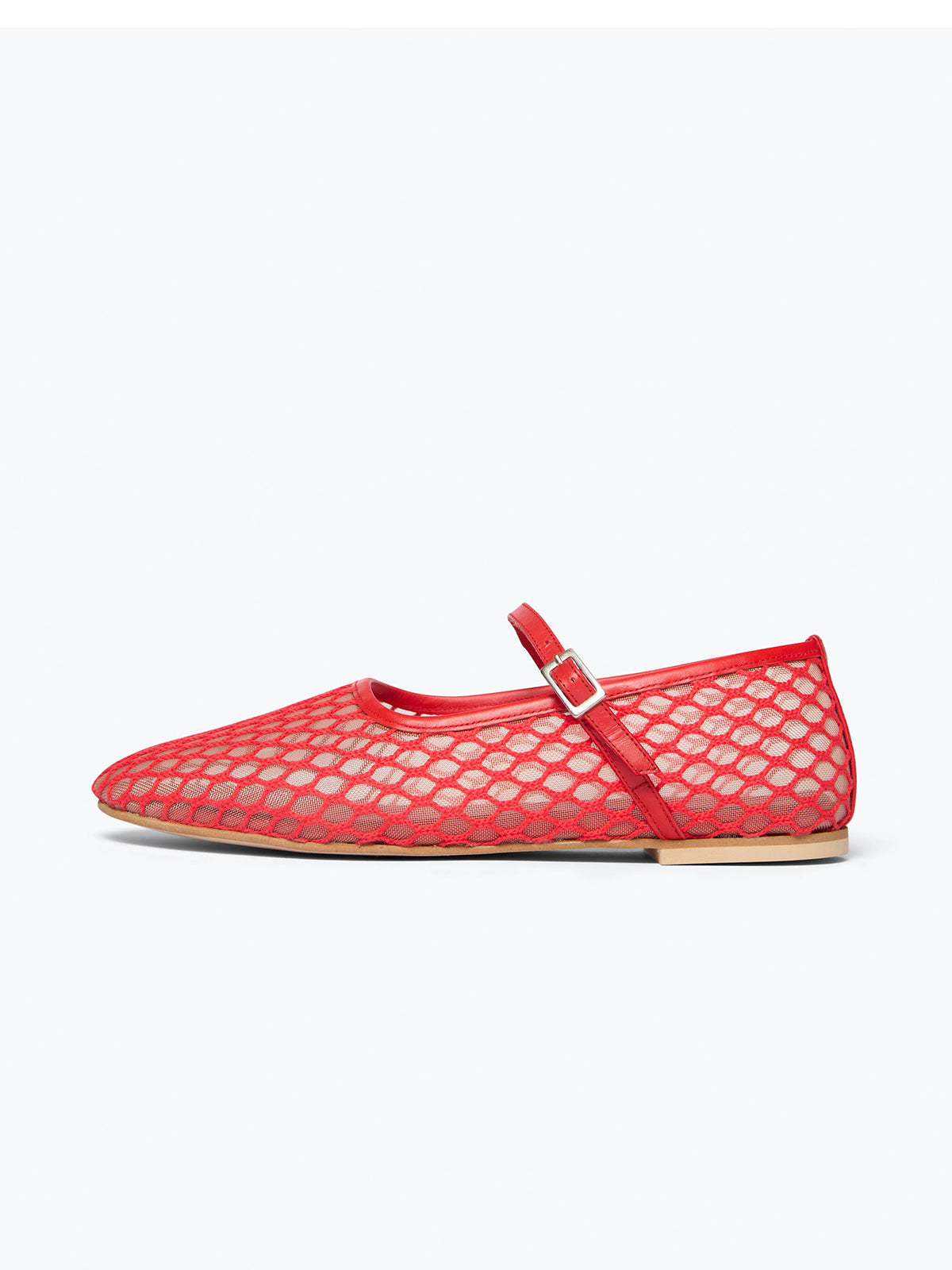 Crimson Red Round-Toe Mesh Bridge Strap Mary Jane Flats