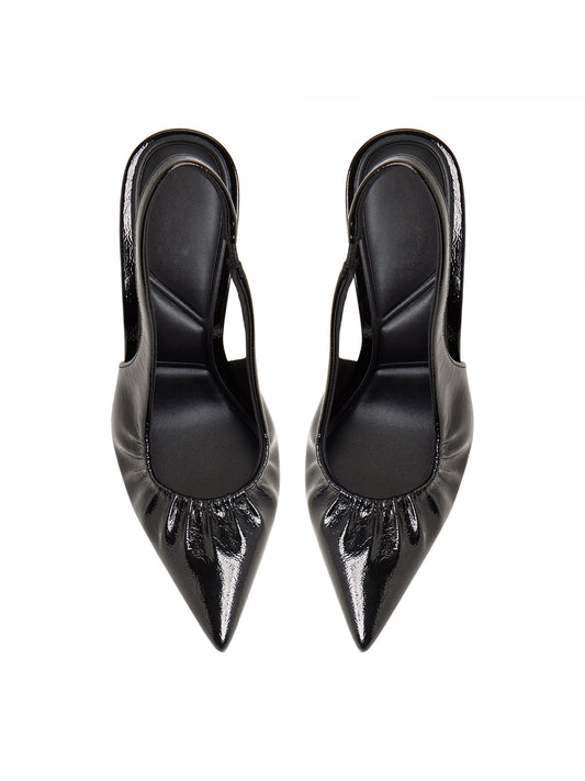 Patent Black Pointed-Toe Ruched Vamp Slingback High Heels