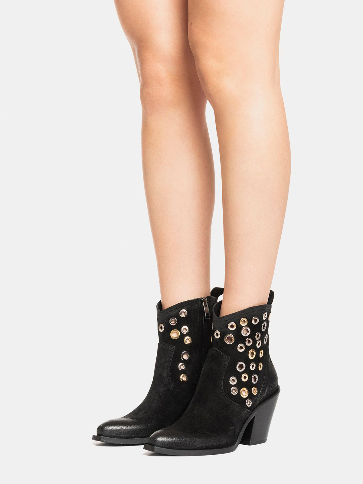 Black Faux Suede Snip-Toe Eyelets Full-Zip Ankle Cowgirl Boots