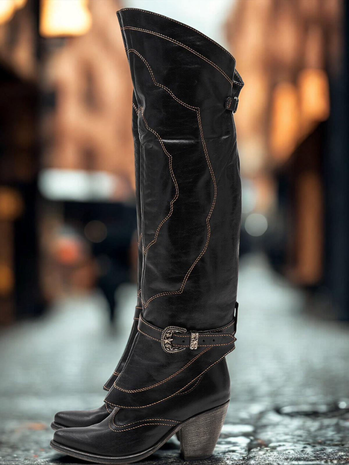 Black Snip-Toe Fold-Over Buckle Strap And Stitch Wide Calf Knee High Cowgirl Boots