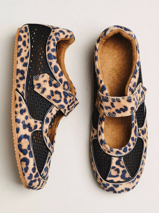 Leopard Faux Suede And Black Mesh Round-Toe Mary Jane Sneakers