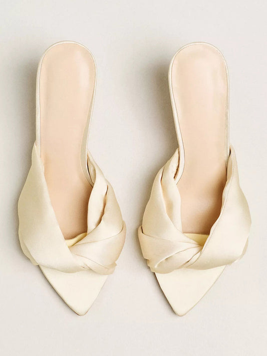 Satin Open Pointed-Toe Front Strap Backless Mules High Heels - Yellow