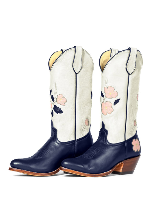 Contrast White And Dark Blue Almond-Toe Fresh Flower Inlay Mid Calf Cowgirl Boots