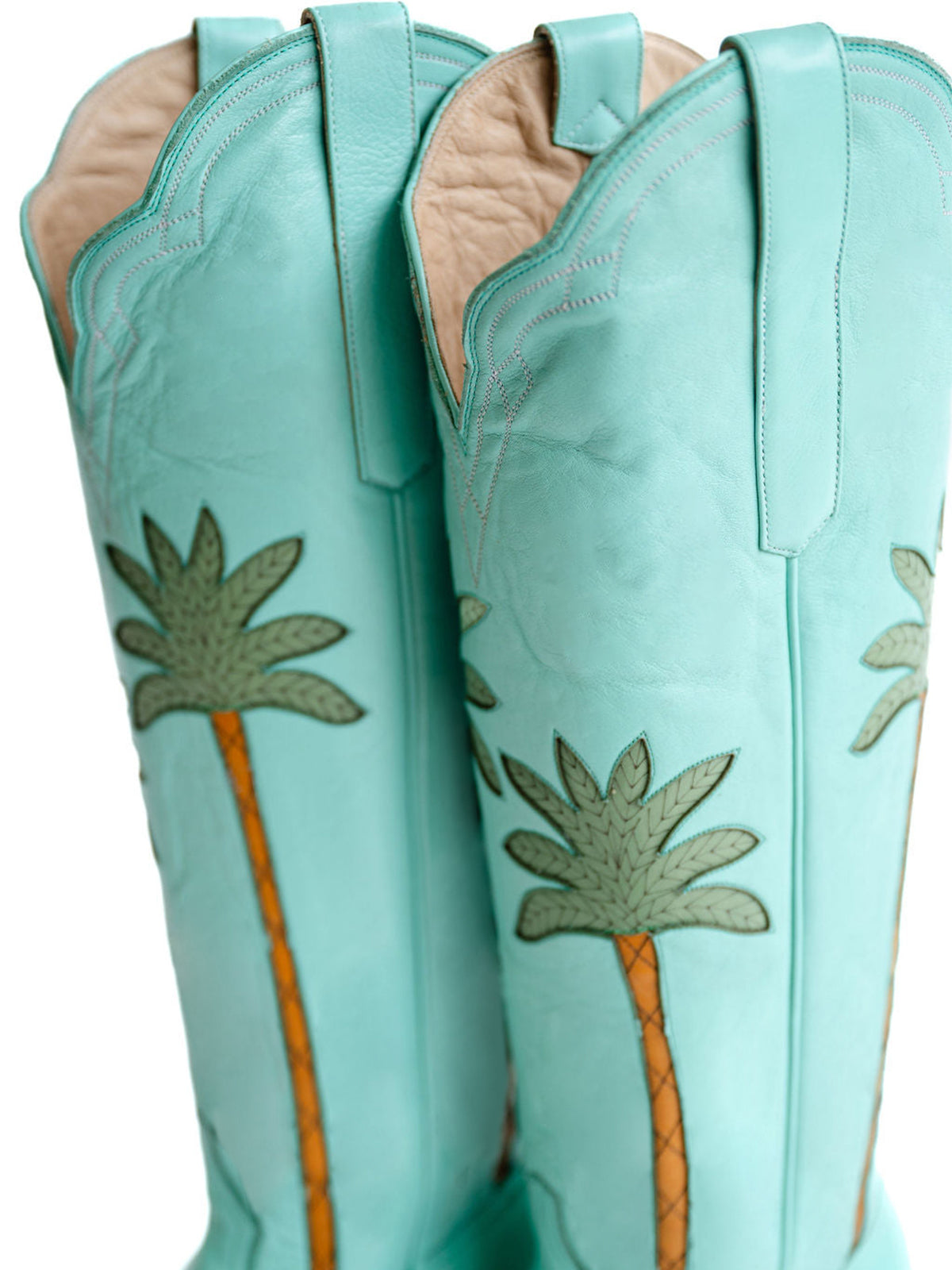 Light Green Almond-Toe Palm And Flowers Inlay Wide Calf Tall Knee High Cowgirl Boots