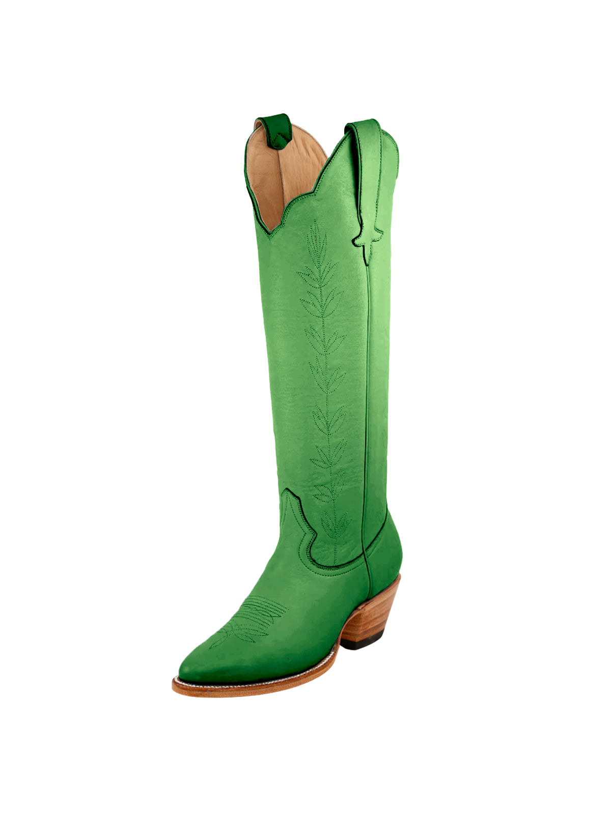 Almond-Toe Leaves Embroidery Wide Calf Knee High Cowgirl Boots - Green