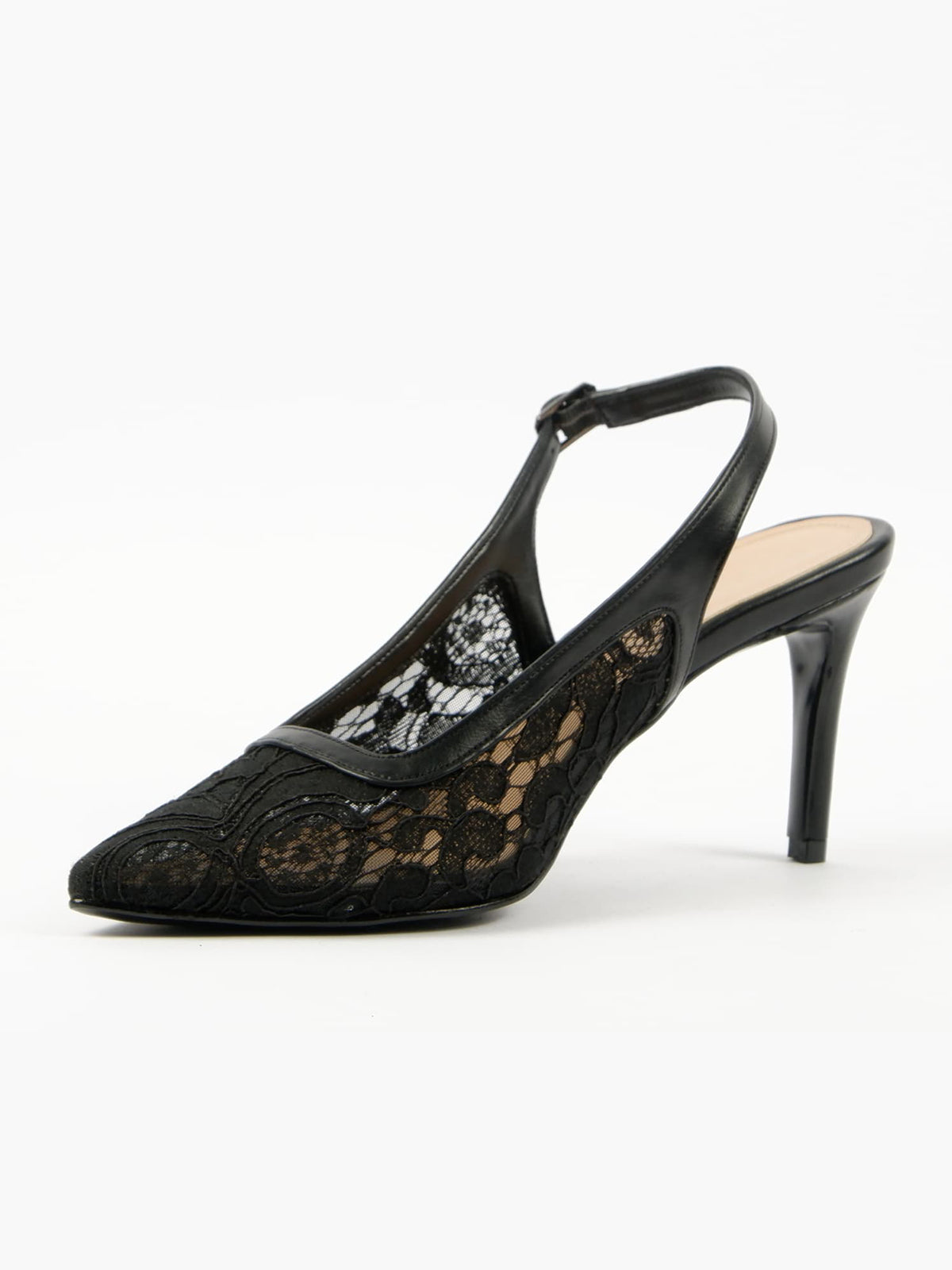 Black Lace Mesh Pointed-Toe Classic Back Strap Chic Kitten Heels