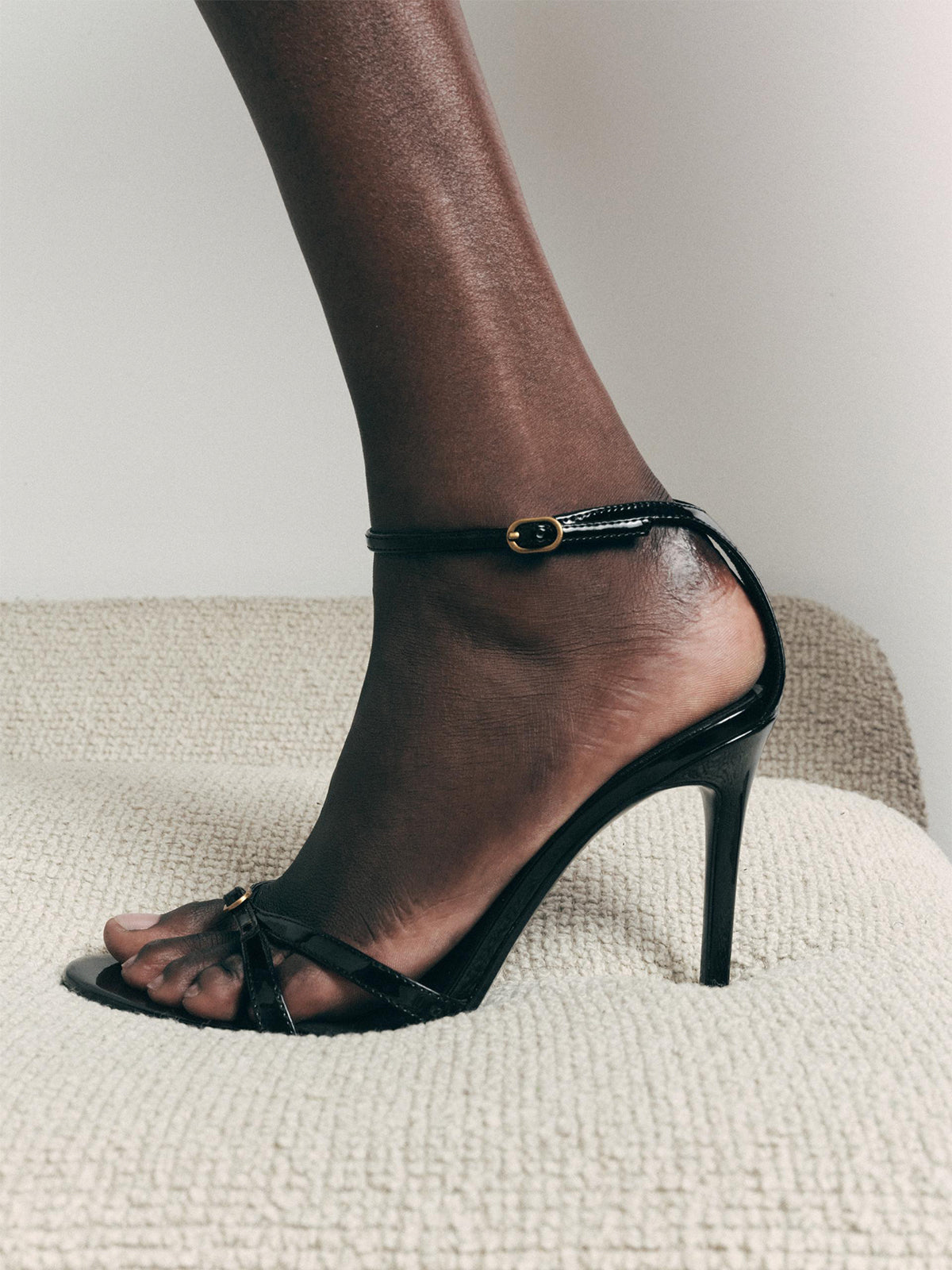 Patent Black Round-Toe Front Straps And Ankle Strap High Heels