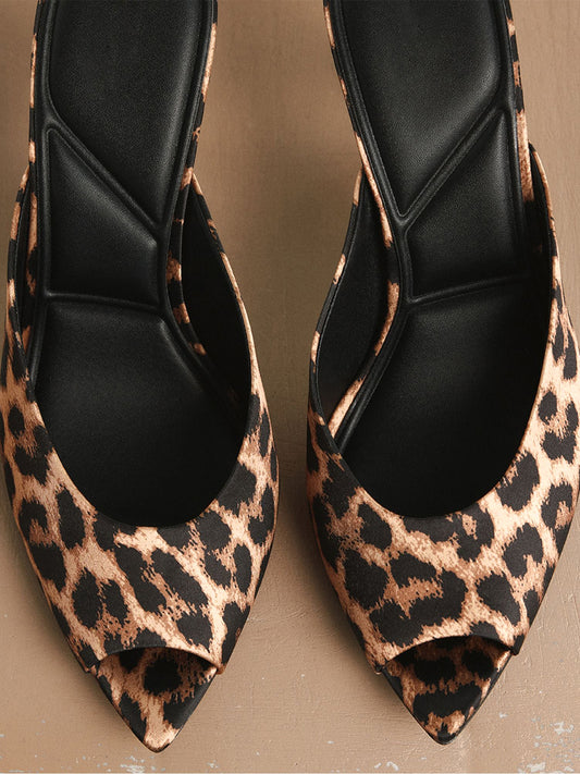 Leopard Satin Open Pointed-Toe Backless High Heels