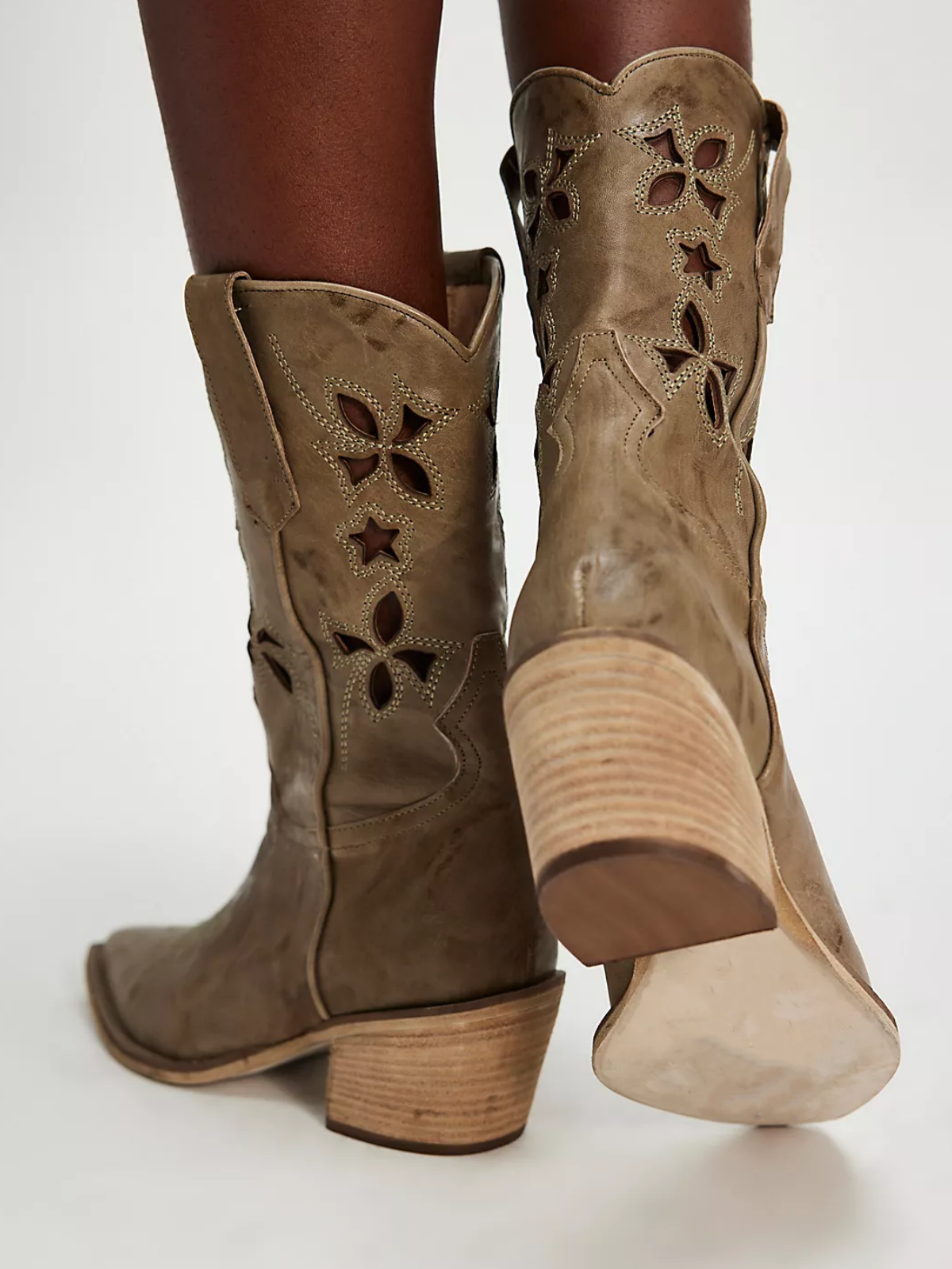 Dusty Olive Cutout Embroidery Pointed-Toe Wide Mid Calf Cowgirl Boots