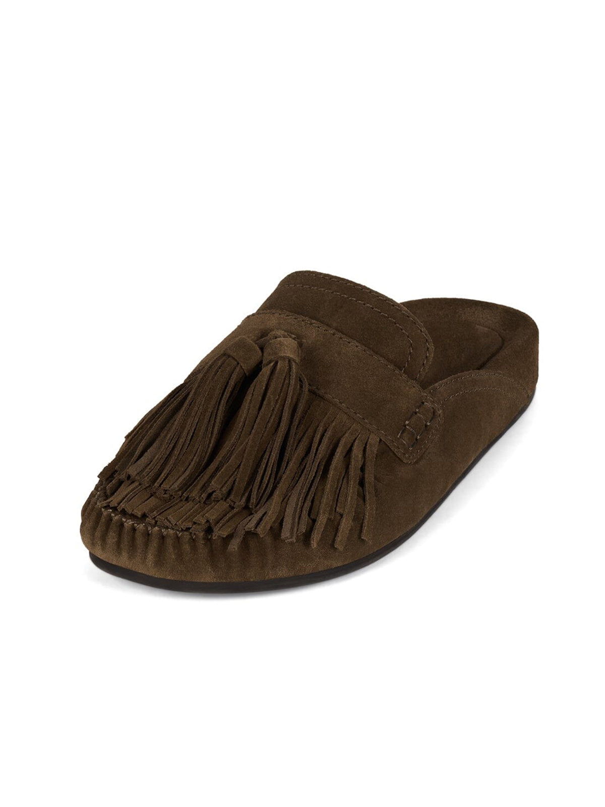 Khaki Faux Suede Round-Toe Front Fringe Backless Slip-On Flats