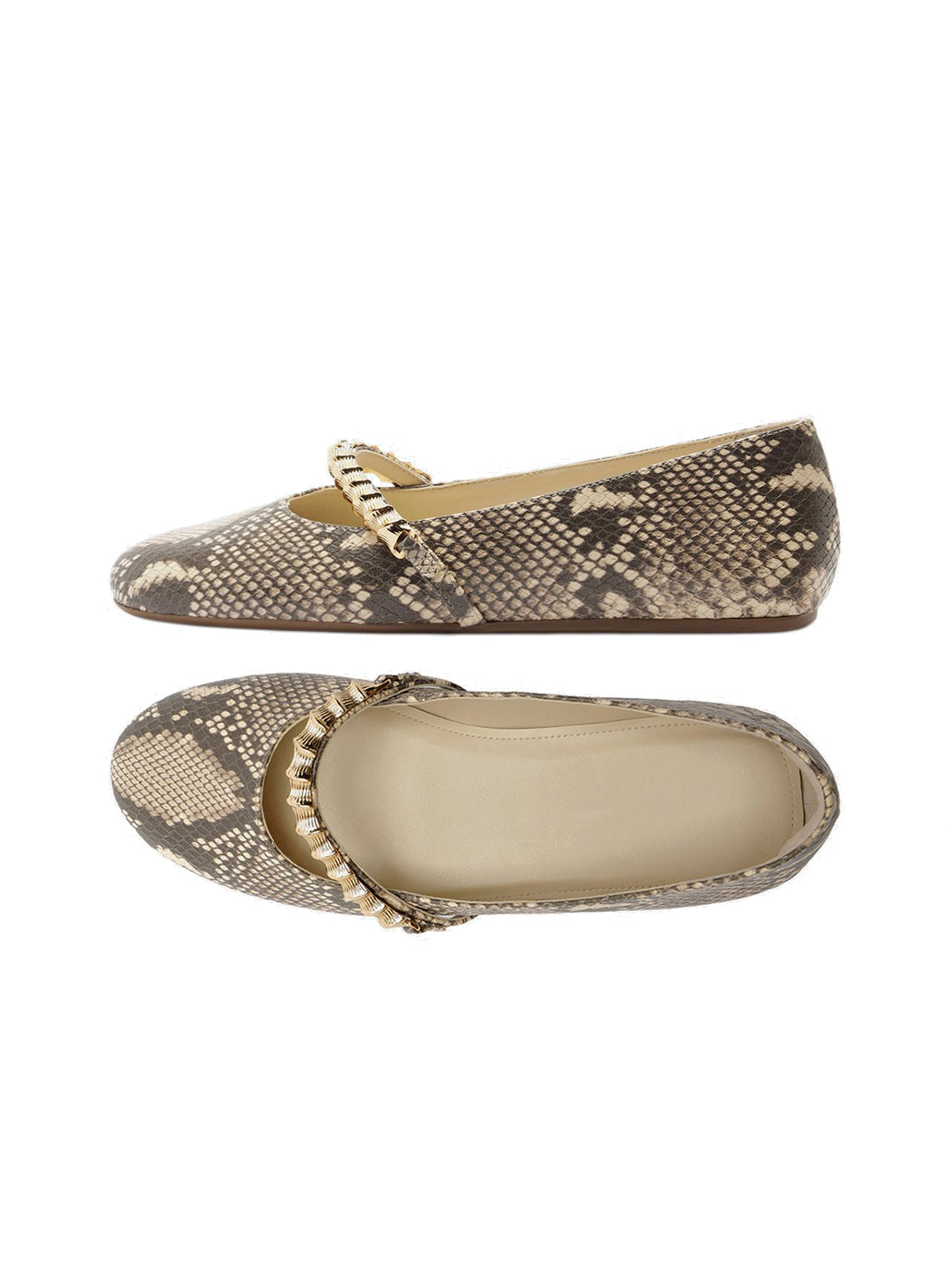 Snakeskin Print Round-Toe Metal Bridge Strap Chic Flats