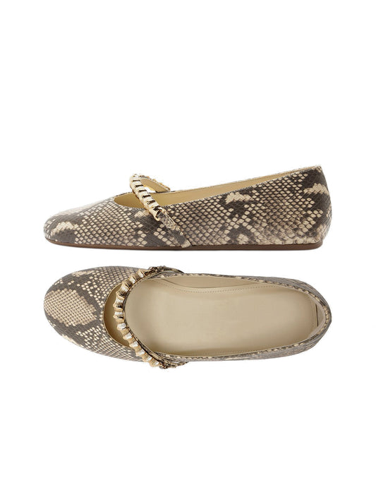Snakeskin Print Round-Toe Metal Bridge Strap Chic Flats
