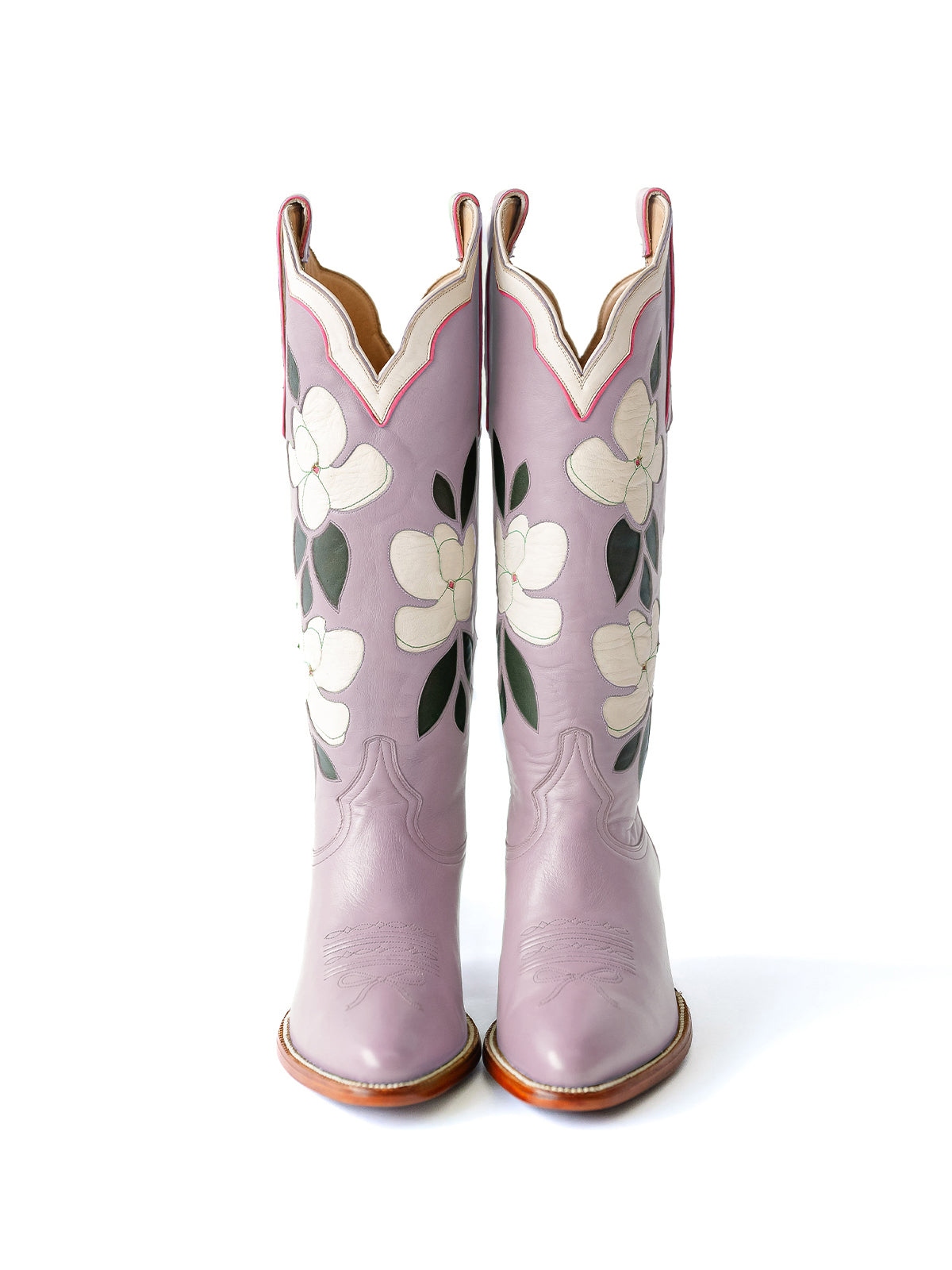 Purple Almond-Toe White Flower Inlay Wide Calf Knee High Cowgirl Boots
