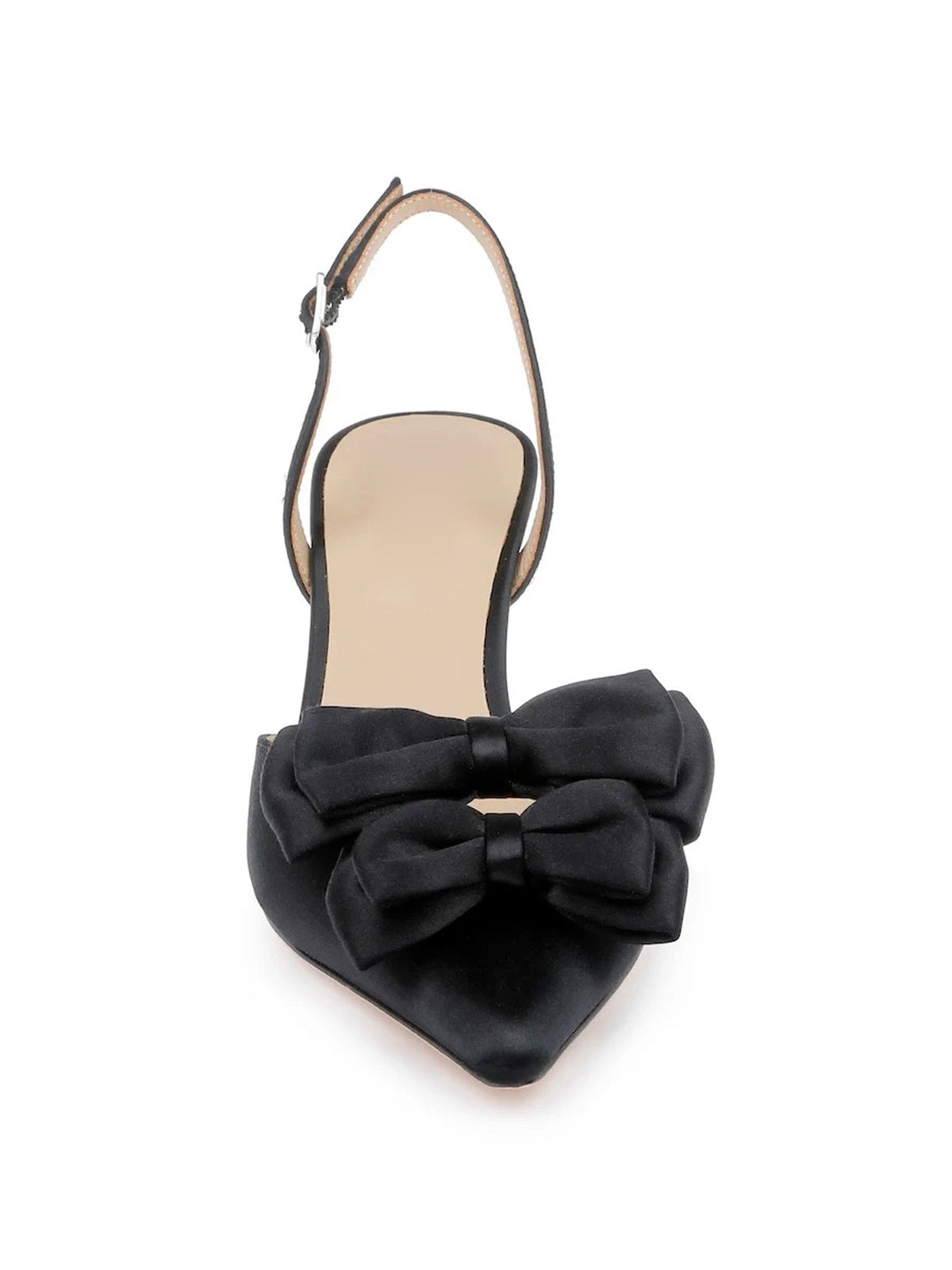 Black Satin Pointed-Toe Front Double Bows Slingback High Heels