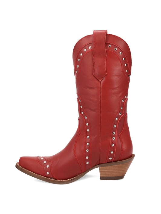 Studded Snip-Toe Classic Mid Calf Cowgirl Boots - Red