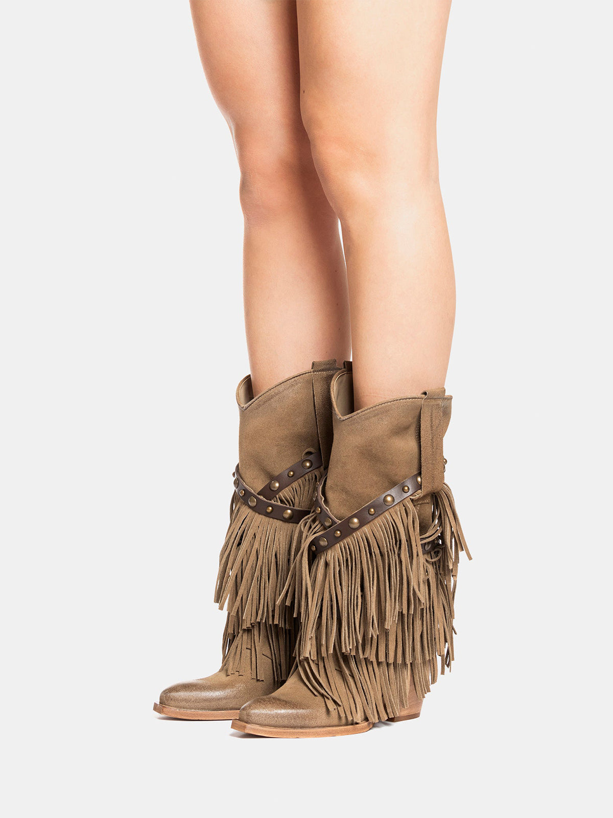 Brown Faux Suede Snip-Toe Studded Straps Fringe Mid Calf Cowgirl Boots