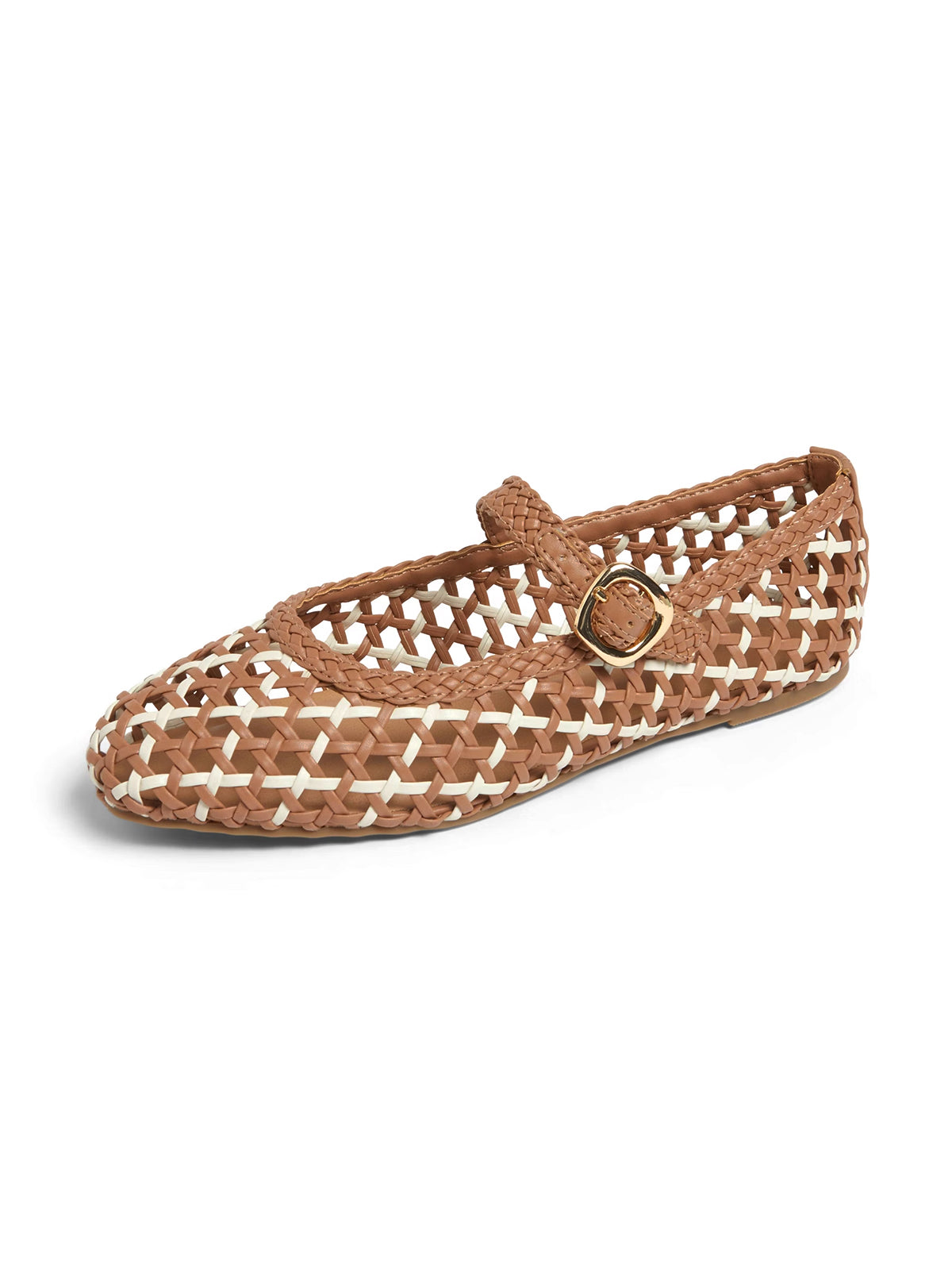 Cognac Woven Vegan Leather Square-Toe Buckle Mary Jane Classic Flats