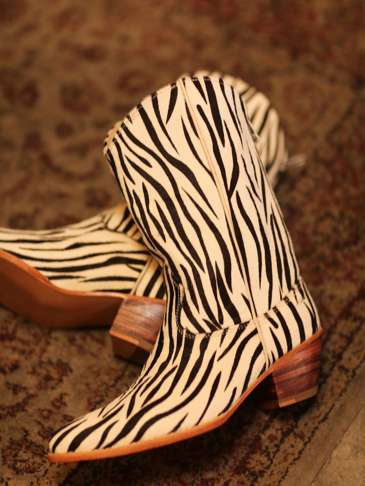 Classic Zebra Print Round-Toe Back Full-Zip Simple Cowgirl Boots