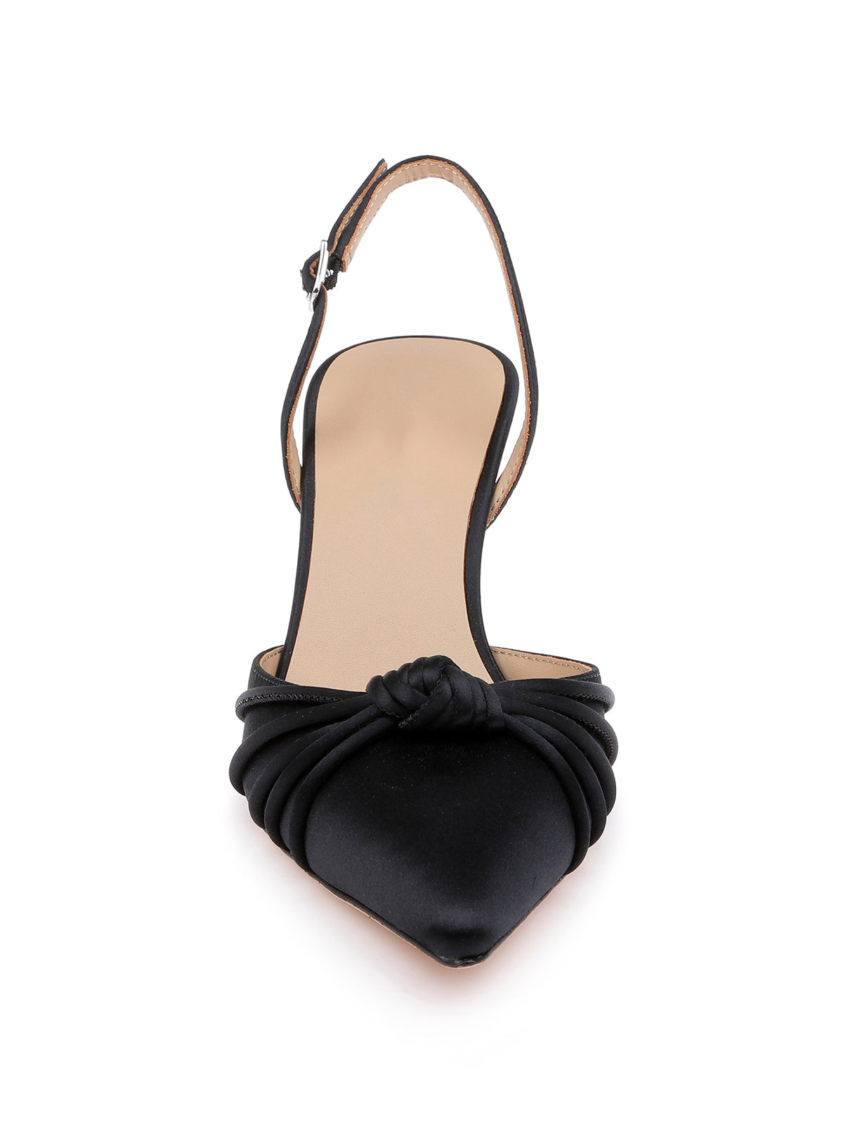 Black Satin Pointed-Toe Front Knot And Slingback High Heels