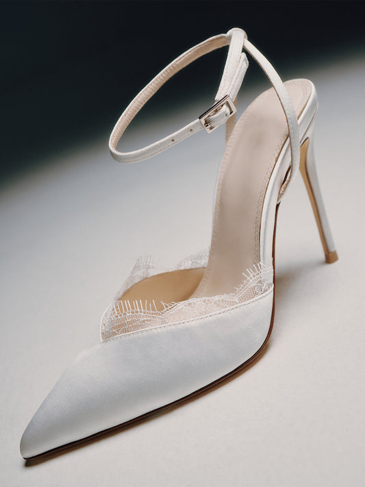 White Satin Pointed-Toe Lace Upper Ankle Strap High Heels