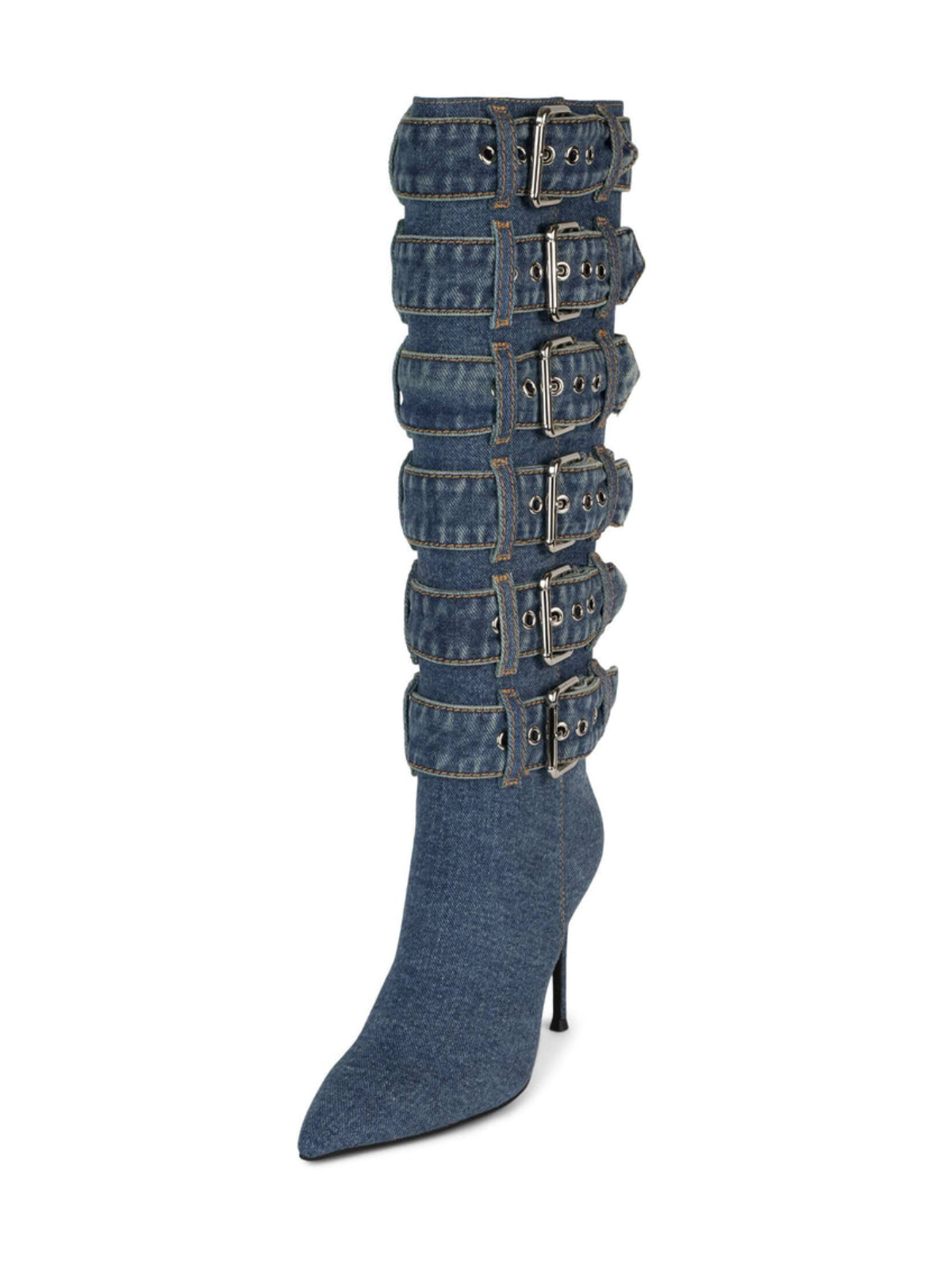 Blue Denim Pointed-Toe Mid Calf Full-Zip Stiletto Boots With Buckles