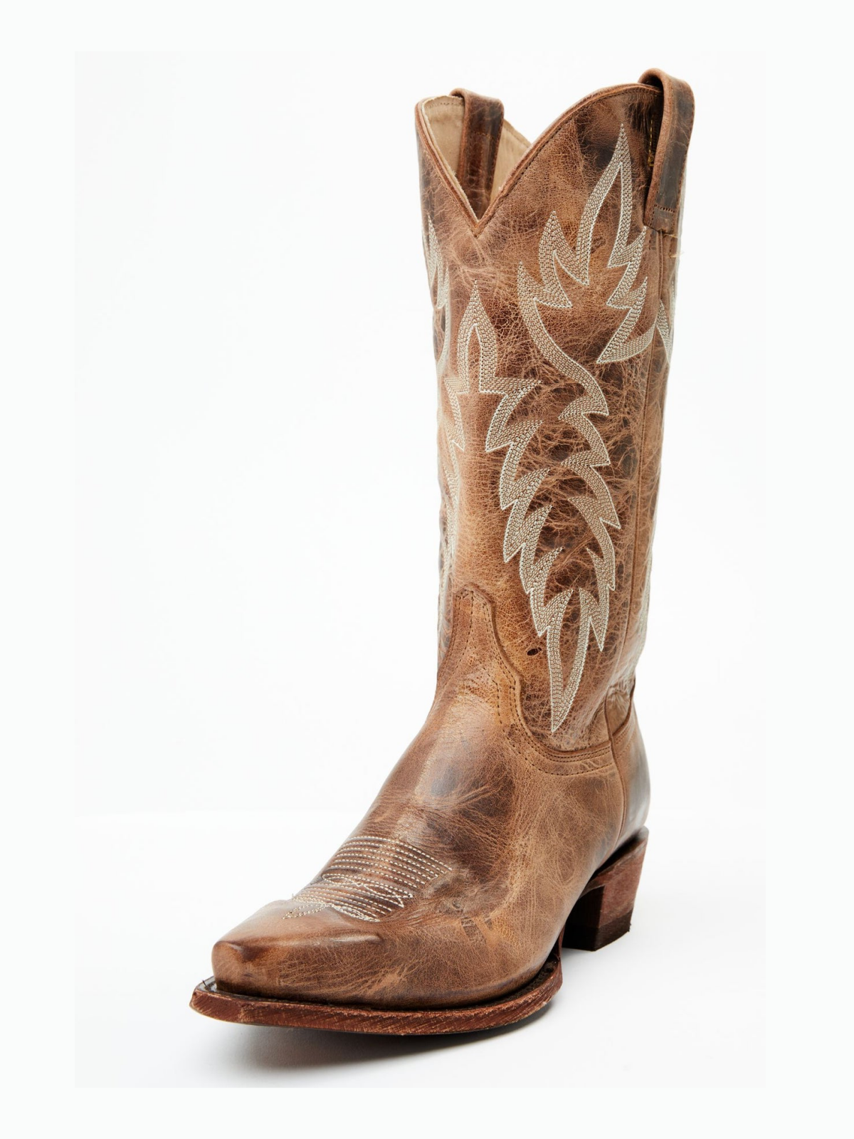 Distressed Classic Embroidery Snip-Toe Wide Mid Calf Tall Cowgirl Boots - Tan