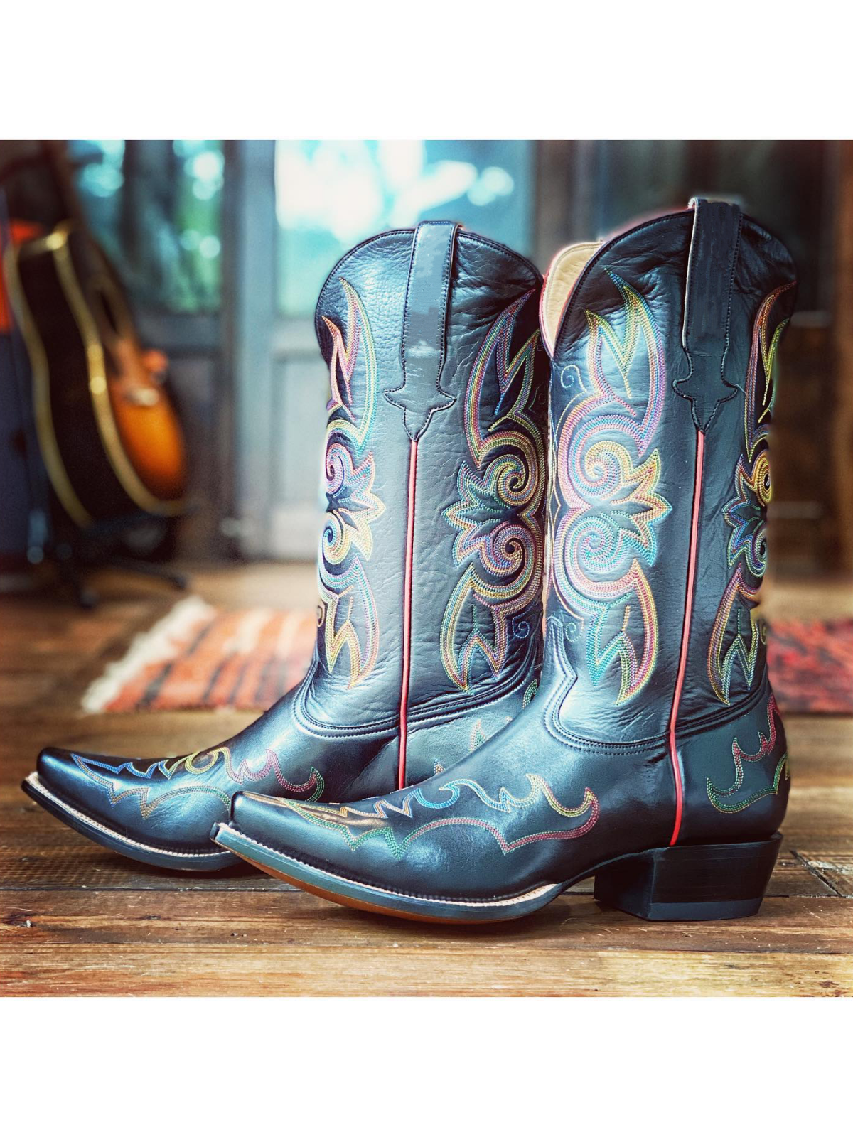 Black Vegan Leather Colorful Embroidery Snip-Toe Wide Mid Calf Tall Western Boots