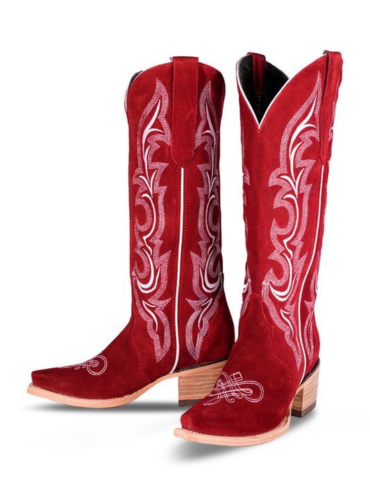 Red Faux Suede Snip-Toe Classic Embroidery Wide Mid Calf Tall Western Boots