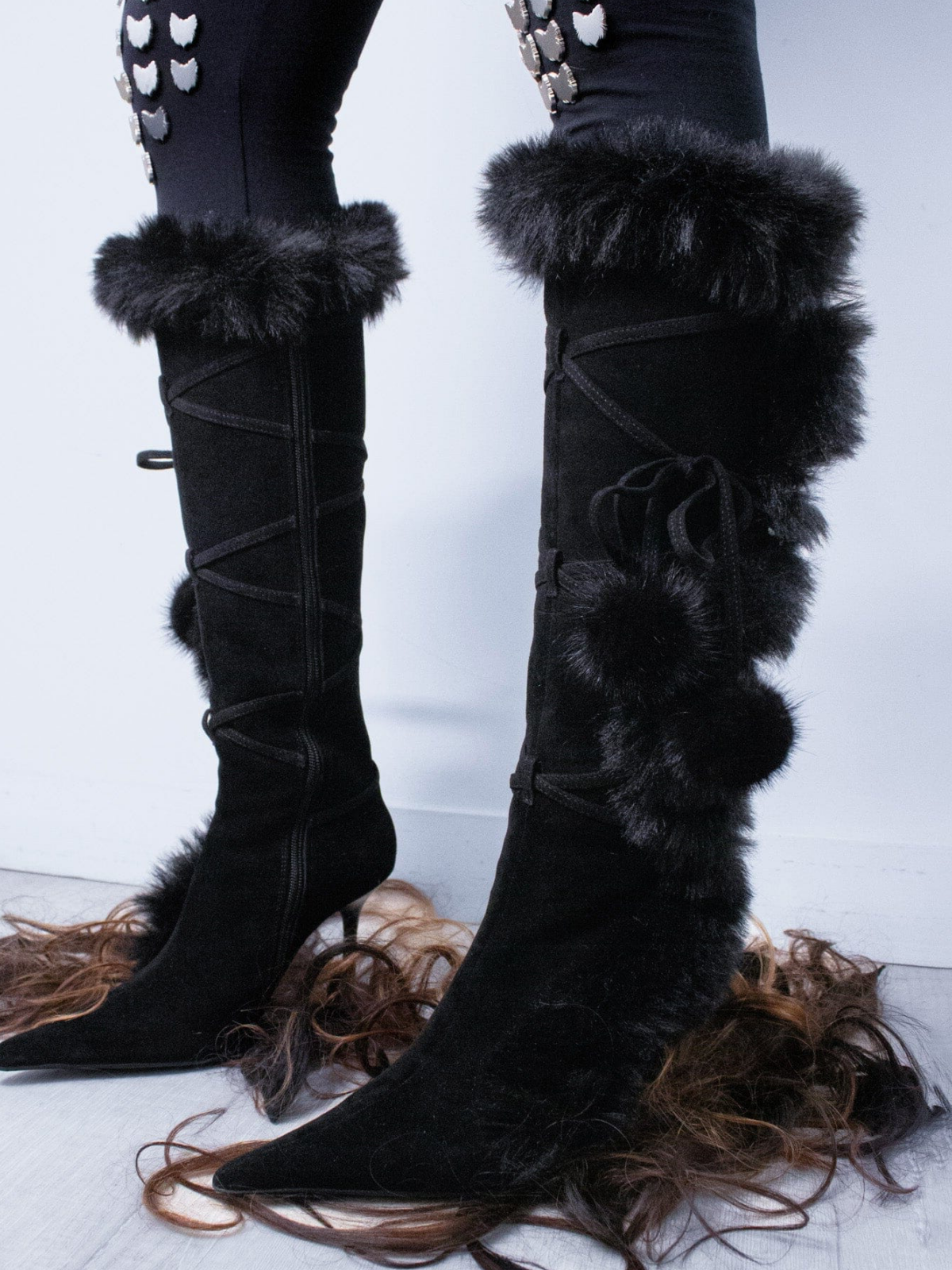 Black Faux Suede Pointed-Toe Full-Zip Mid Calf Stiletto Boots With Wrap-Around And Plush