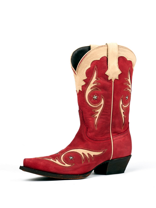 Red Snip-Toe Beige Inlay Metal Star Applique Wide Mid Calf Cowgirl Boots