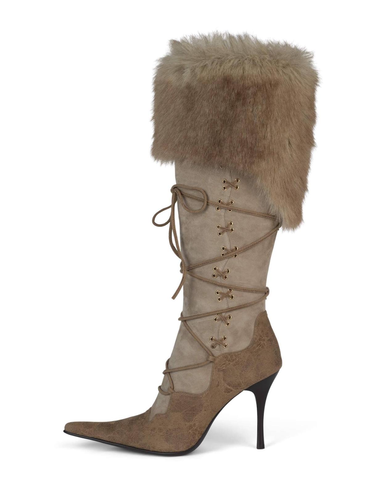 Contrast Brown And Beige Full-Zip Mid Calf Stiletto Boots With Lace-Up And Plush Collar