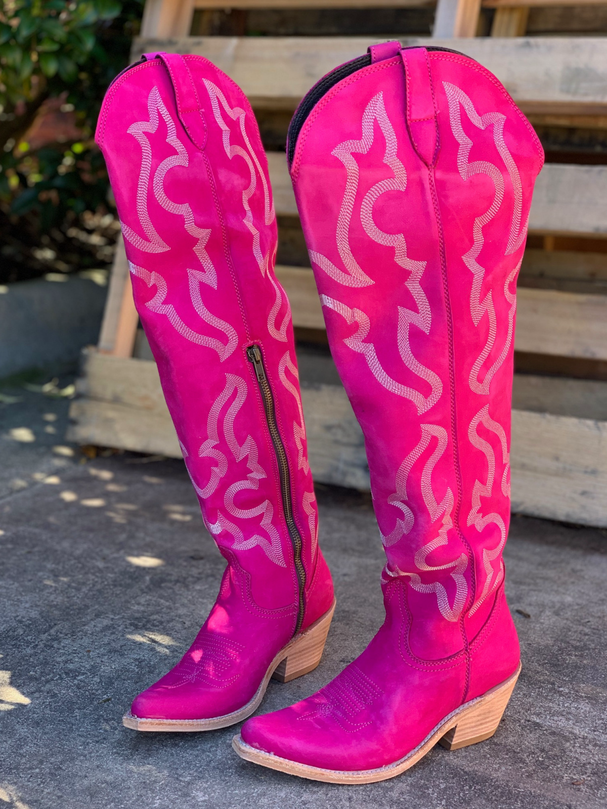 Fuchsia Faux Suede Embroidery Pointed-Toe Half-Zip Over-The-Knee Cowgirl Boots