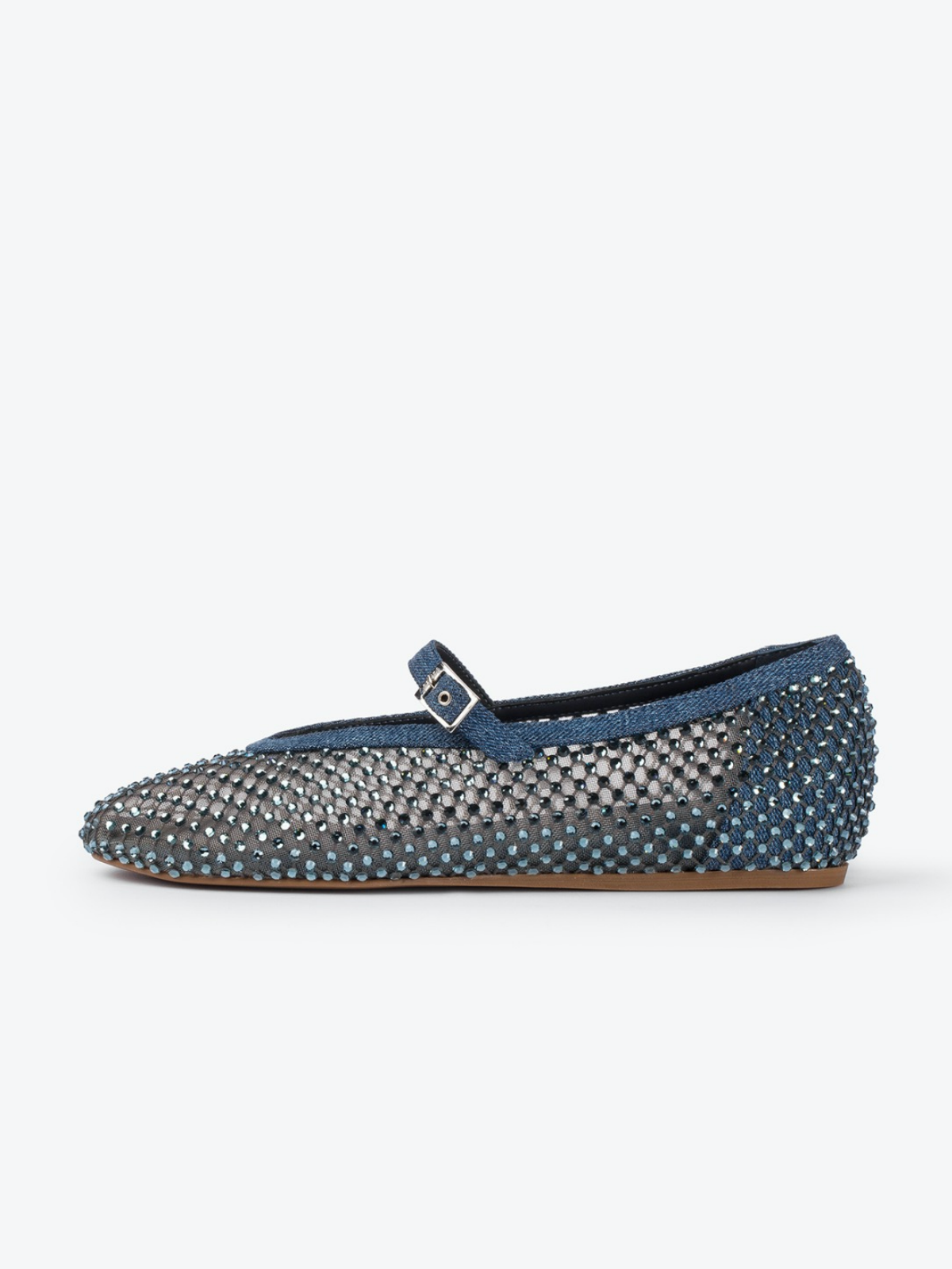 Denim Blue Rhinestone Fishnet Round-Toe Ballet Flats Mary Janes