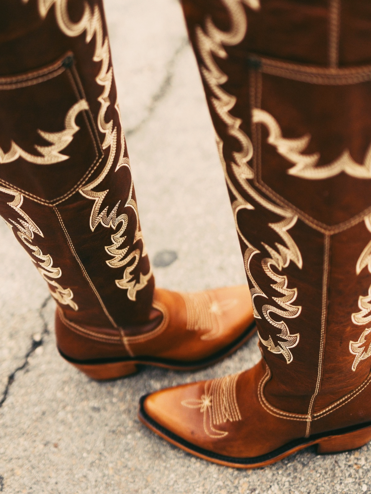 Brown Embroidery Pointed-Toe Over-The-Knee Western Boots Half-Zip Pocket Cowgirl Boots