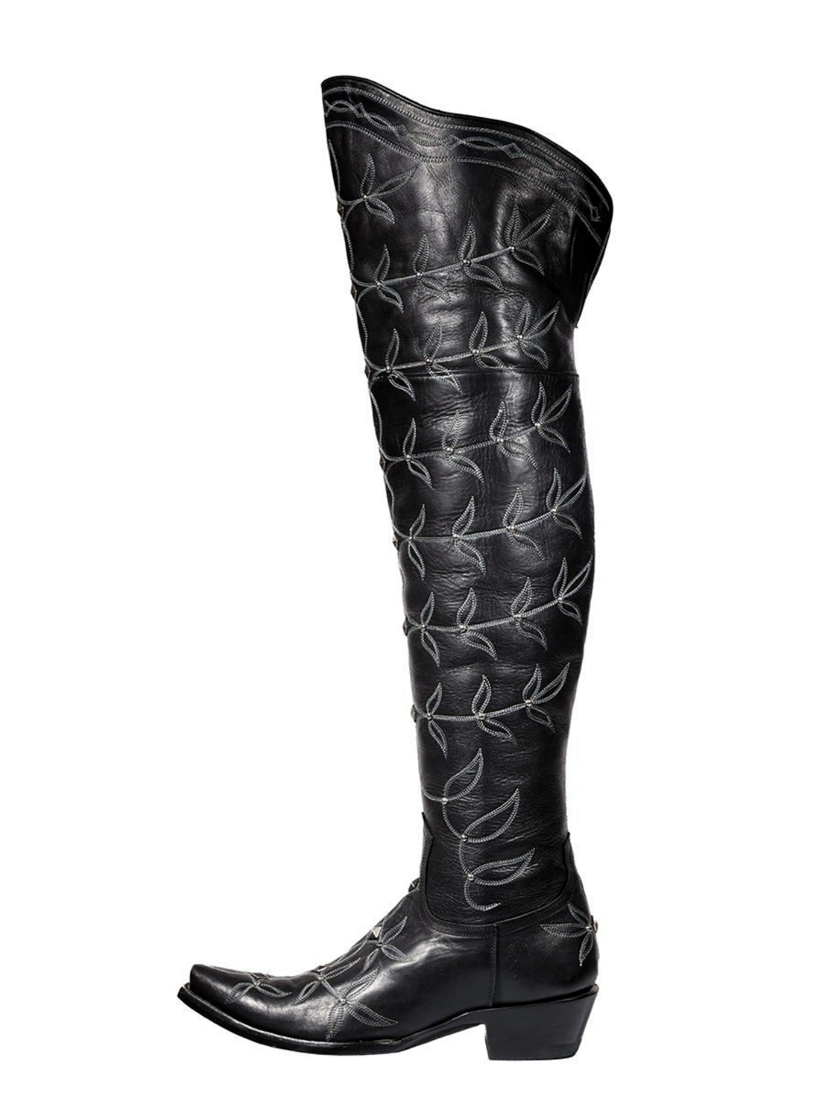 Black Snip-Toe Studded Leaf Embroidery Half-Zip Over-The-Knee Cowgirl Boots