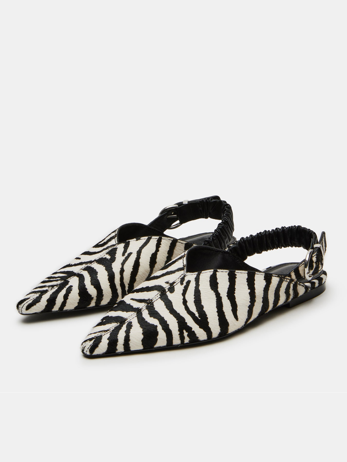 Zebra-Print Pony Hair Pointed-Toe Ruched Slingback Ballet Flats