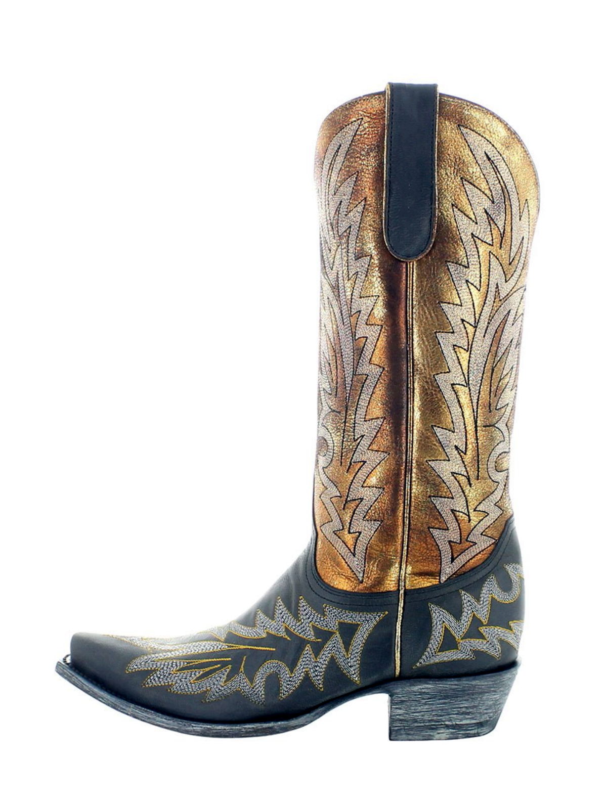 Contrast Black And Metallic Bronze Snip-Toe Embroidery Wide Mid Calf Cowgirl Boots