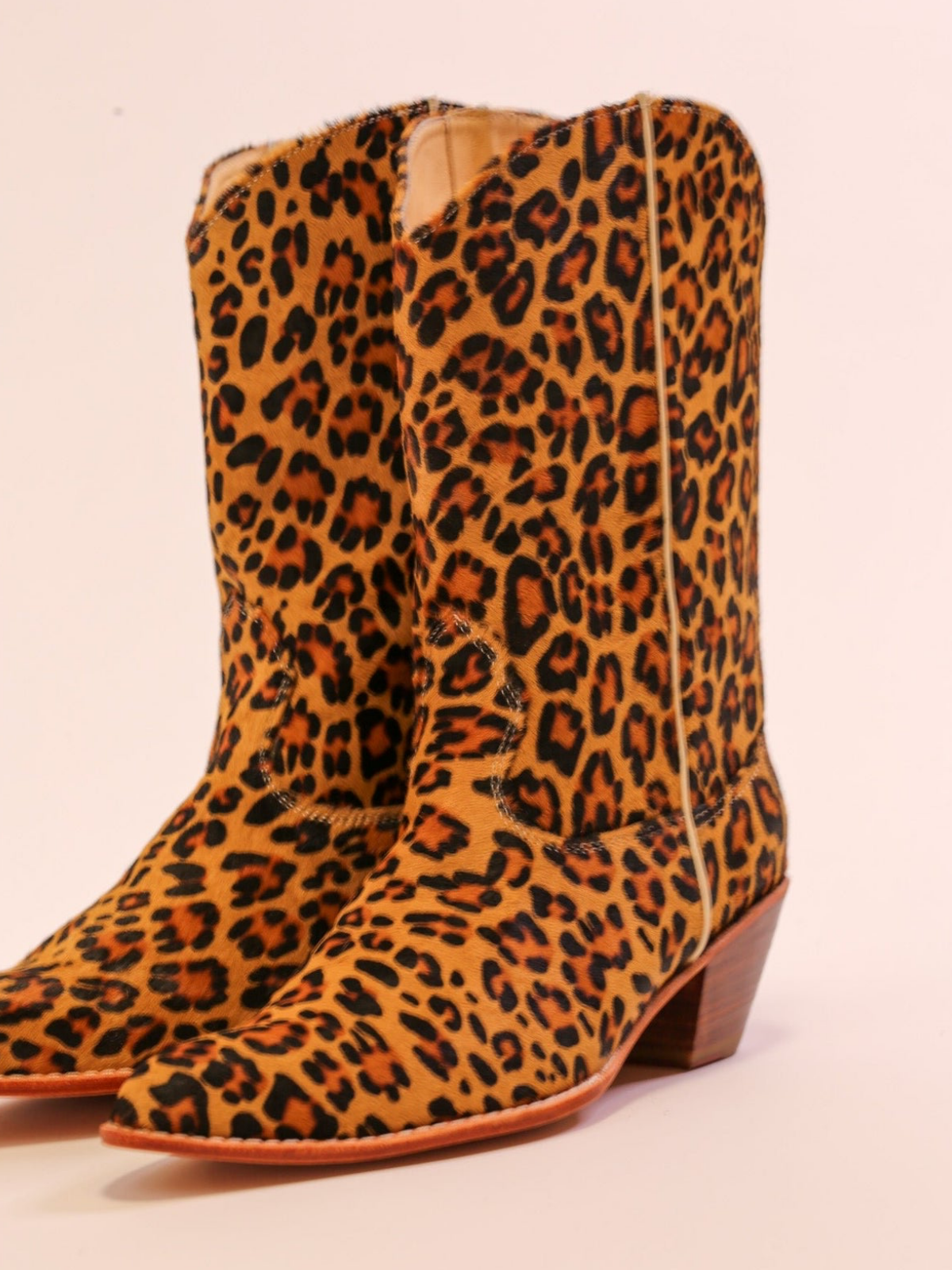 Faux Leopard Print Pony Hair Almond-Toe Back-Zip Mid Calf Cowgirl Boots