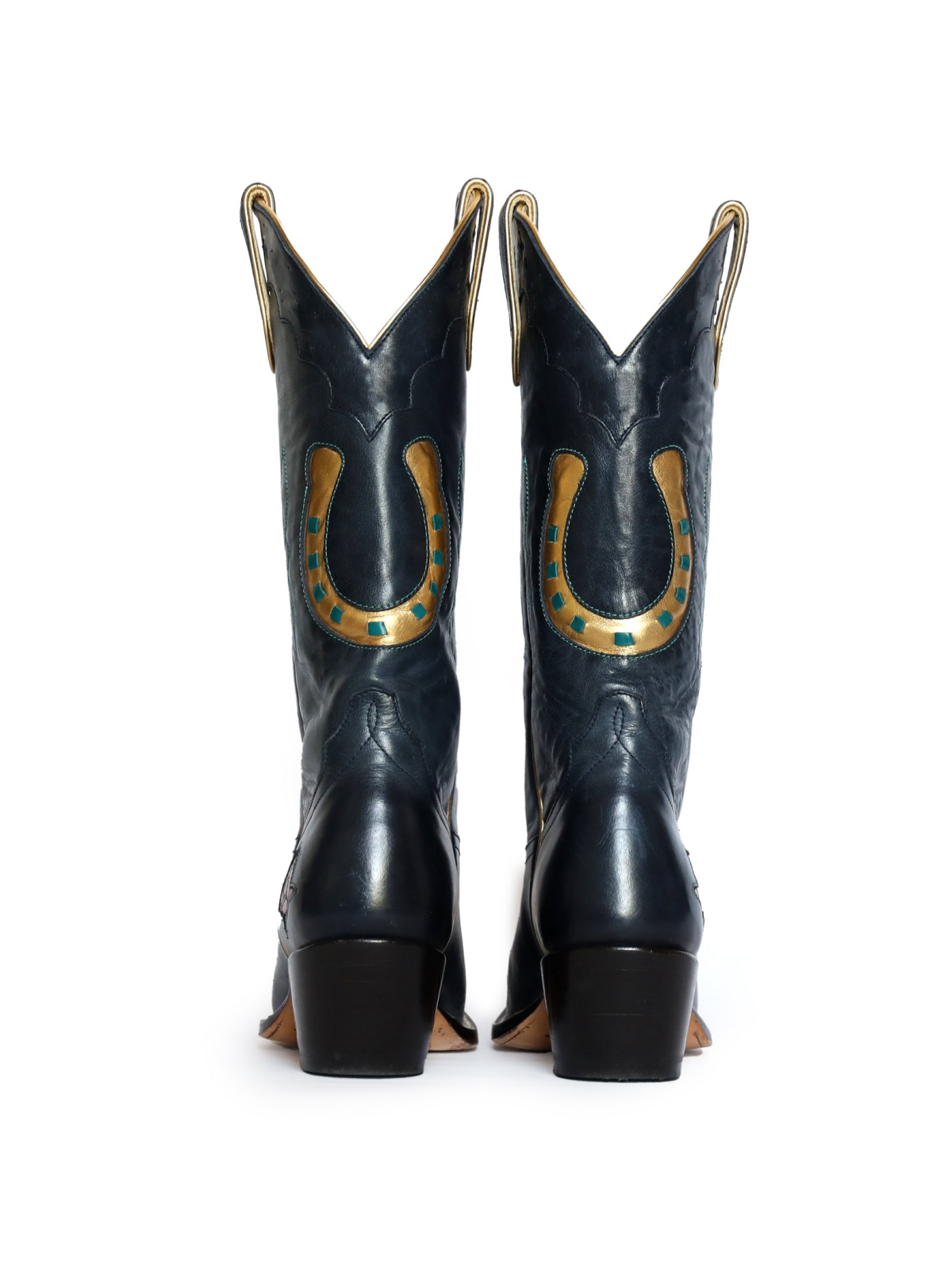 Navy Almond-Toe Rose And Metallic Gold Inlay Wide Mid Calf Cowgirl Boots With Running Stitch