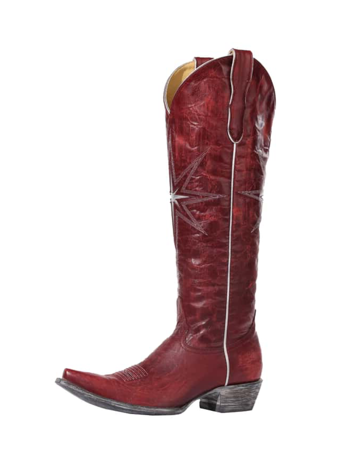 Wine Red Snip-Toe Starburst Inlay Embroidery Half-Zip Knee High Cowgirl Boots